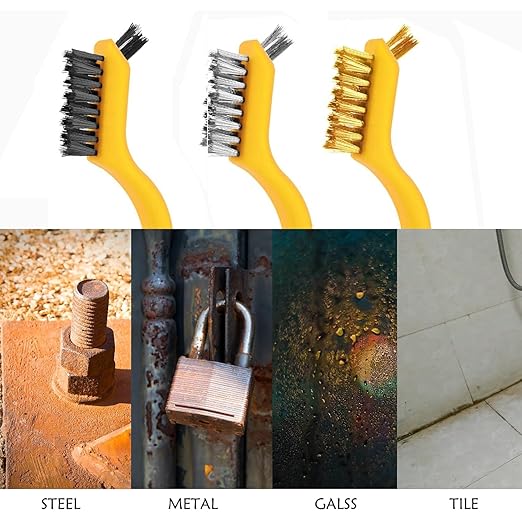 Wire Brush Set, 6 Pcs Brass/Stainless Steel/Nylon Wire Brushes for Cleaning with Curved Handle Grip for Rust Removal, Dirt, Paint Scrubbing