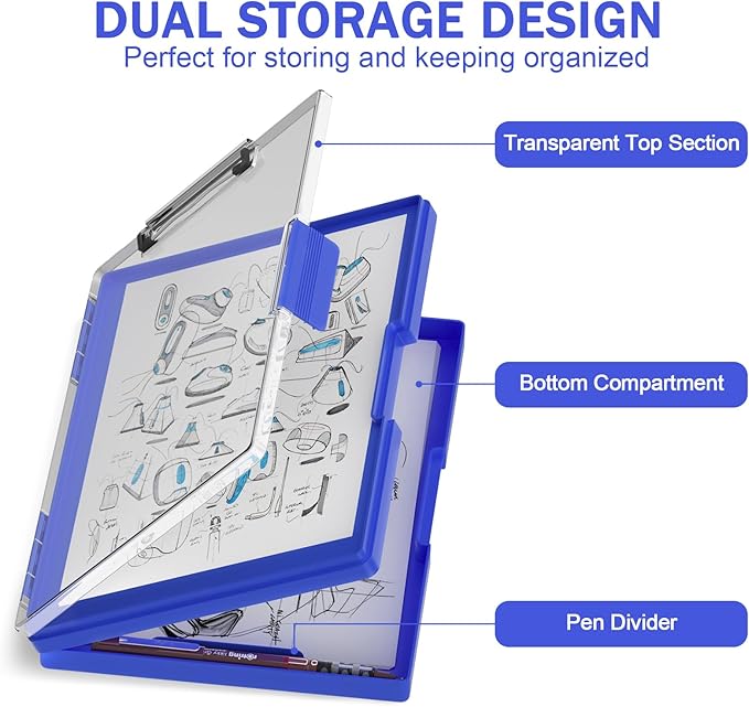 Rimilak Plastic Clipboard with Storage, Side Opening with 2 Compartment, Size 13.3 x 9.4 x 1.5 Heavy Duty High Capacity Nursing Box for Work School & Office Supplies, Dark Blue