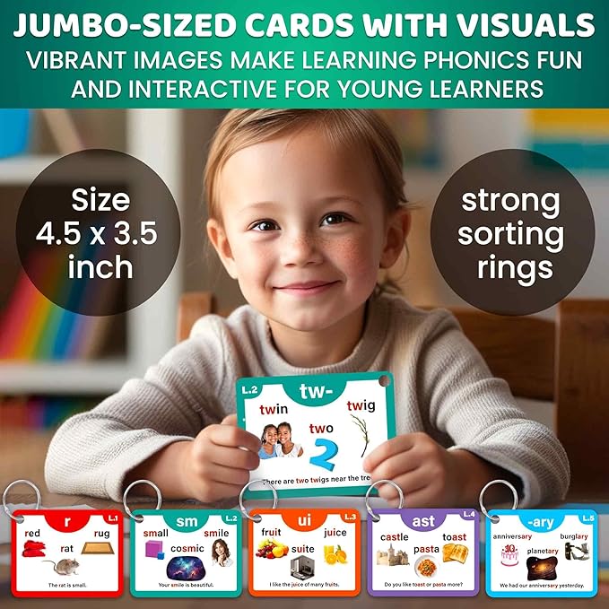QUOKKA Phonics Flash Cards for Kids Ages 4-8 – 20 Phonic Stages 260 Card Games for Kids Ages 3-5 and 6-8 – Learn to Read Games & Reading Manipulatives for Phonemic Awareness – Alphabet CVC Blends etc