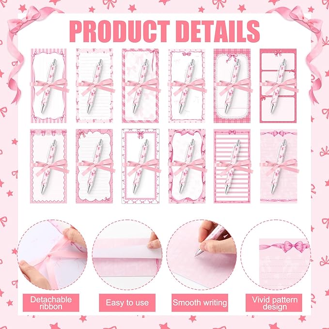 Tellingyou 30 Pcs Pink Bow Sticky Notes with Pens, Cute Memo Pads with Ribbons, 3.9x7.8 Inch to Do List Notepad Set, Bulk Pink Stationery Gifts for Women Coworker Office Supplies Bridal Shower Favors