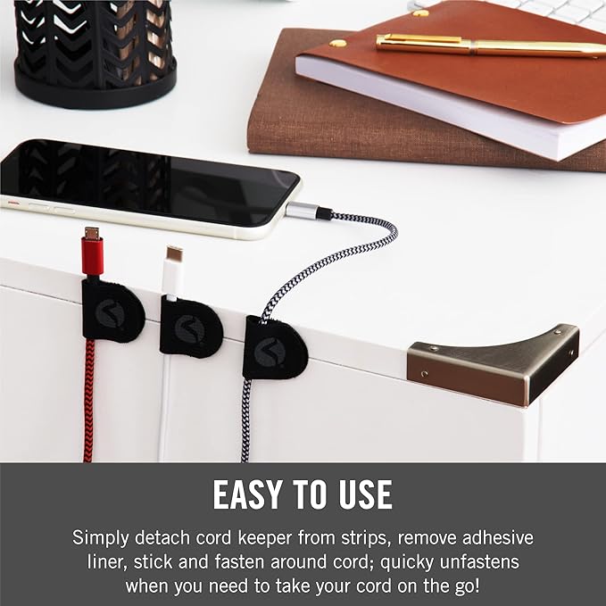 VELCRO Brand Cord Keepers | Charging Cord Organizer, Cord Holder for Nightstand, Desk | Removable Adhesive Backing | Soft Nylon Cable Clips | 5pk, Black (Pack of 2)