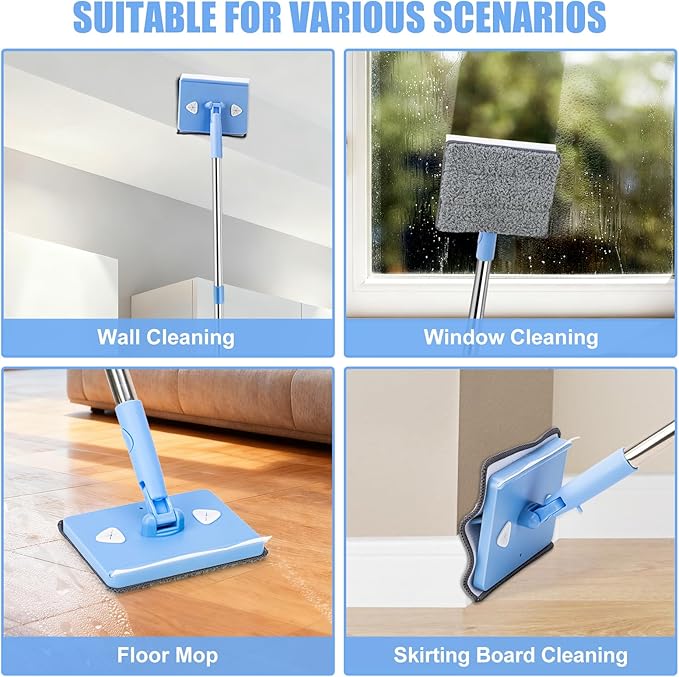 Wall Cleaner Mop with Long Handle 86 Inches, 4-in-1 Ceiling Cleaning Tool Duster with 8 Replacement Microfiber Chenille Pads for Walls, Baseboard, Ceiling, Window, Floor, Cabinet (Light Blue)