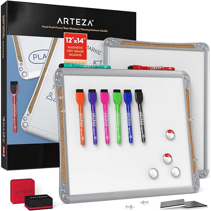 Arteza Framed Magnetic Cork Whiteboard Set, 12x14 inches, 2-Pack Dry Erase Lap Boards with Push Pins, Markers & Magnets, Office & Back to School Supplies for Home, Classroom, Students, Brainstorming
