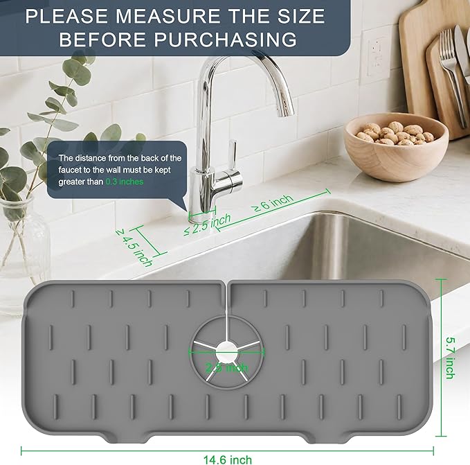 Kitchen Faucet Sink Splash Guard, Silicone Water Catcher Mat – Sink Draining Pad Behind Faucet, Grey Rubber Drying Mat for Kitchen & Bathroom Countertop Protect