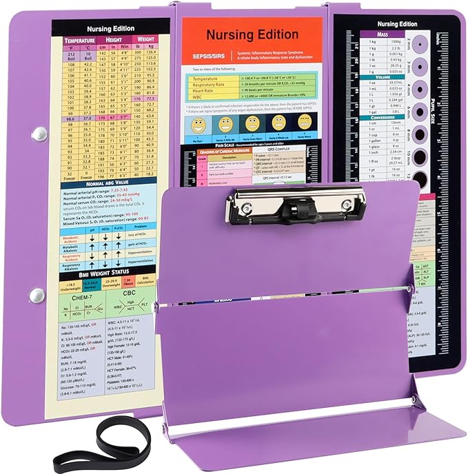 Foldable Nursing Clipboard with Storage - Portable & Compact Medical Clipboard for Nurses, Doctors, and Students - Includes Medical Reference Cheat Sheets and Pen Holder(Purple)