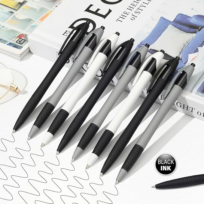Pens Bulk, 60 Pack Minimal Gripped Slimster Ballpoint Pens, Black Ink 1.0mm, Smooth Writing Click Pens in White Grey Black, Ideal for Office, School, Teachers, Students & Front Desk Use