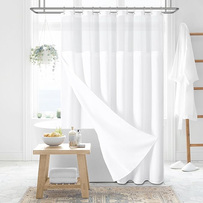 Dynamene Extra Long Shower Curtain, 84 Inch Long Waffle Fabric Shower Curtain for Bathroom, Tall Waterproof Cloth Shower Curtain Liner Set with Hook, Snap in Liner, Mesh Top Window, White, 72x84