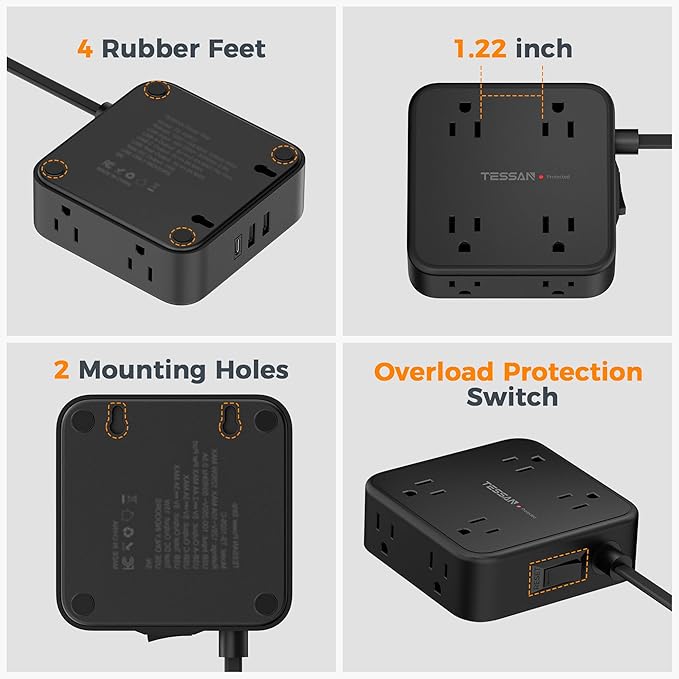 TESSAN 10 Ft Flat Plug Extension Cord with Multiple Outlets, Surge Protector Power Strip with 3 USB(1 USB C) 8 Outlets, 900J Protection, Desk Charging Station for Home, Office, Dorm Room, Black
