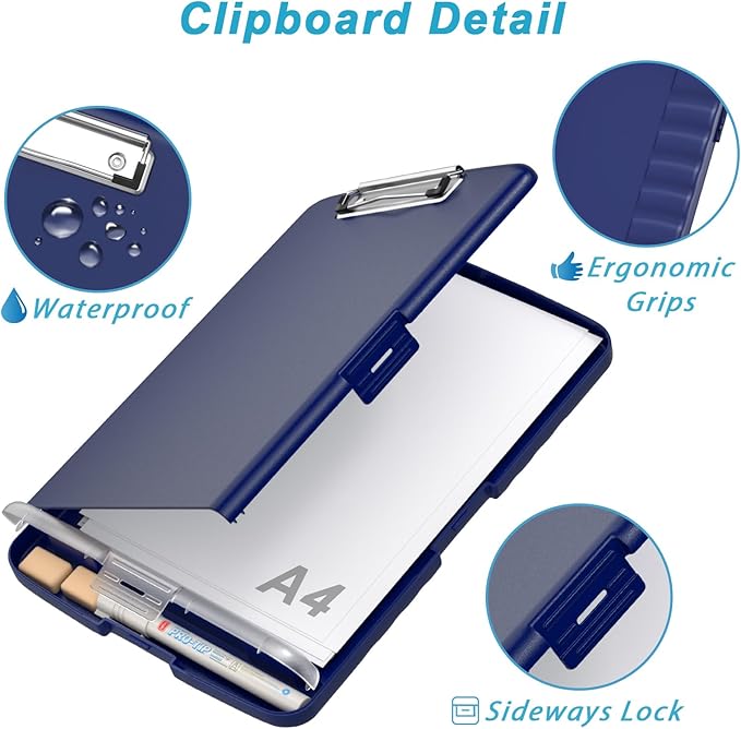 Rimilak Plastic Clipboard with Storage, 8.5 x 11 High Capacity Folio Nursing Case with Pen Holder, Size 14.2 x 9.6 x 1.2″ Folder Side-Opening for Classroom, Teacher, Smooth Writing, Deep Blue