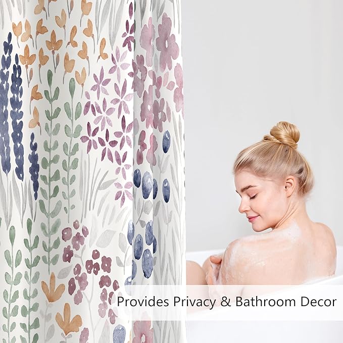 Small Stall Shower Curtain 36 x 72 Inch, Half Narrow Cute Floral Shower Curtain for Bathroom, Mauve Wildflower Boho Cottagecore Fabric Shower Curtain Set with Hooks