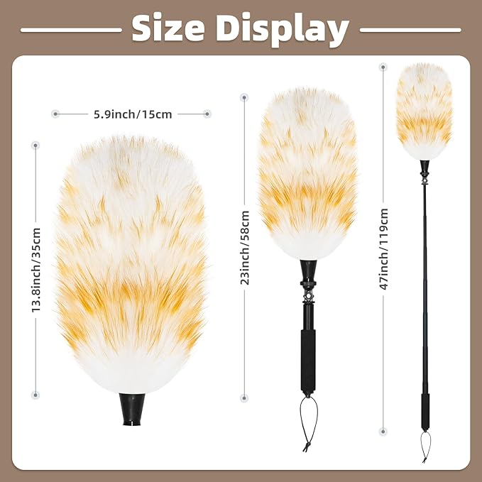 Extendable Lambswool Duster with 23-47 inch Rotatable Aluminium Alloy Pole, Natural Fluffy Reusable Wool Duster for Cleaning High Ceilings, Pendant Lamps, Blinds, Furniture and Roof