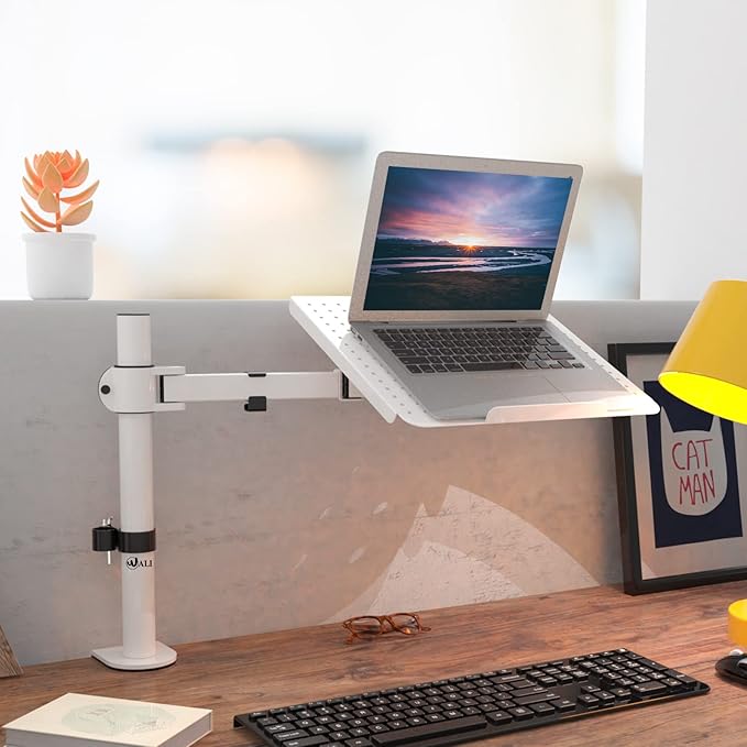 WALI Laptop Desk Mount for 17 inch Notebook, Adjustable Single Monitor Arm with Laptop Holder for 32 inch Screen, Laptops Stand with Ventilated Tray, Up to 22 Lbs, (M00LP-W), White
