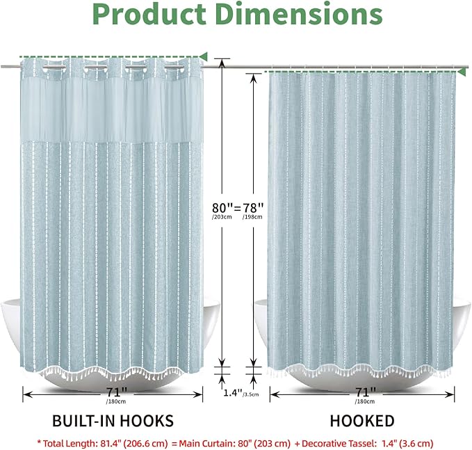 No Hook Long Shower Curtain Set with Snap-in Fabric Liner,Linen Textured Thick Striped Fabric with Tassels,Boho Farmhouse Rustic Luxury Bathroom Curtain,Water-Repellent,Fog Blue,71x80