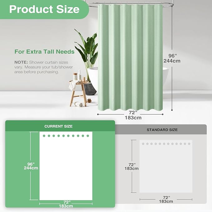 Dynamene Extra Long Shower Curtain - 96 Inch Long Waffle Weave Weighted Thick Cloth Bathroom Shower Curtain, Neutral Heavy Duty Hotel Bath Curtain Set with 12 Plastic Hooks,72x96, Mint Green