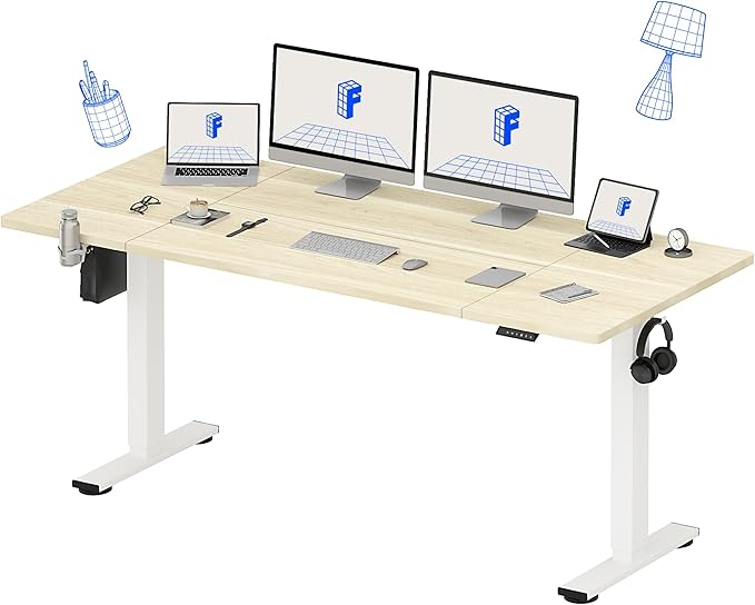 FLEXISPOT 79x32 Inch Electric Large Standing Desk for Home & Office, Spacious Splice Board Desk with Cable Management & Organizer, Cup Holder & Hook, White Wood Grain