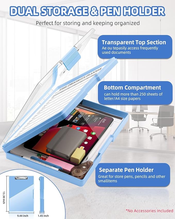 Clearview Clipboard with 2 Storage, Dry Erase 8.5x11 Heavy Duty ClipBoards - High Capacity Coaches Clip Board with Pen Holder - Side Opening Plastic Nursing Clip Case - Aqua Blue
