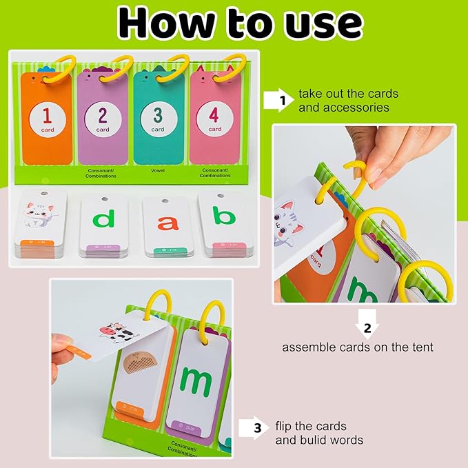 CVC & CVCC Words Games Phonics Flash Cards for Preschool Kindergarten, Alphabet Learning Pocket Chart, Educational Preschool Phonics Learning Tool for Student Teacher School Supplies