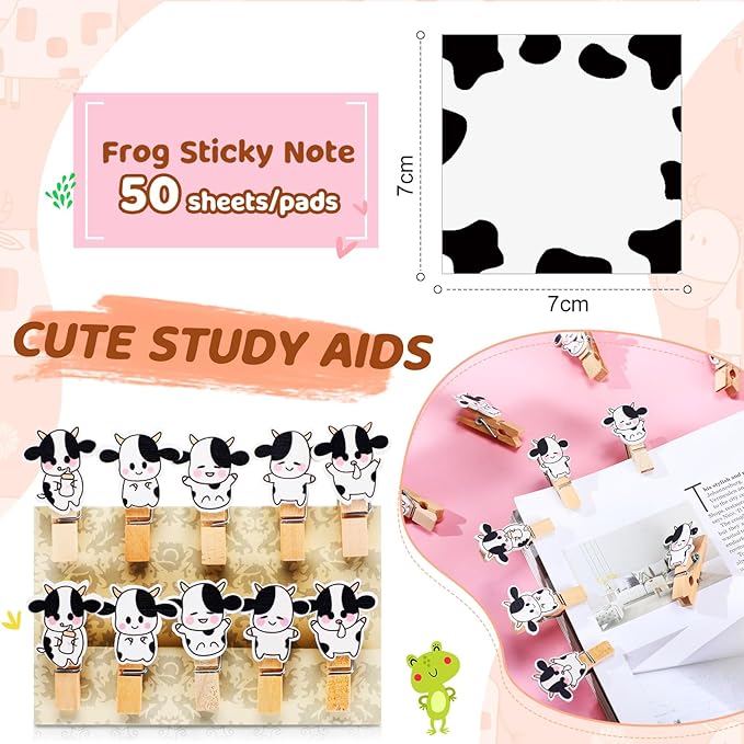 Crtin 69 Pcs Cute Sticky Notes Set,Cartoon Pen, Stickers, Paperclip, Sticky Memos Office & Party Favors(Cow)