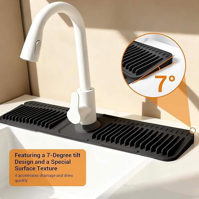 Faucet Mat for Kitchen Sink, 24"X5.5" Silicone Sink Splash Guard with Soap Holder, Snap-On Design & 7°slope Fast Drain, Folding Sink Faucet Mat for Universal Kitchen Bathroom Sink（Black）