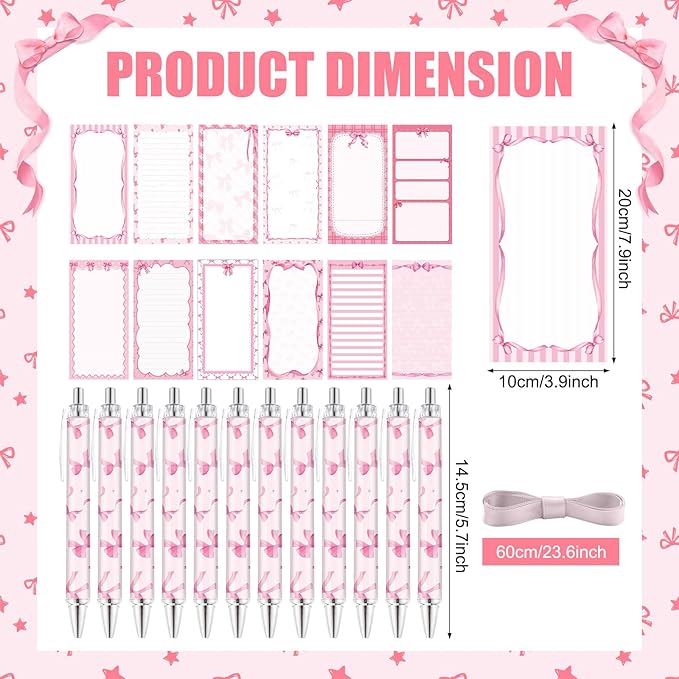 Tellingyou 30 Pcs Pink Bow Sticky Notes with Pens, Cute Memo Pads with Ribbons, 3.9x7.8 Inch to Do List Notepad Set, Bulk Pink Stationery Gifts for Women Coworker Office Supplies Bridal Shower Favors