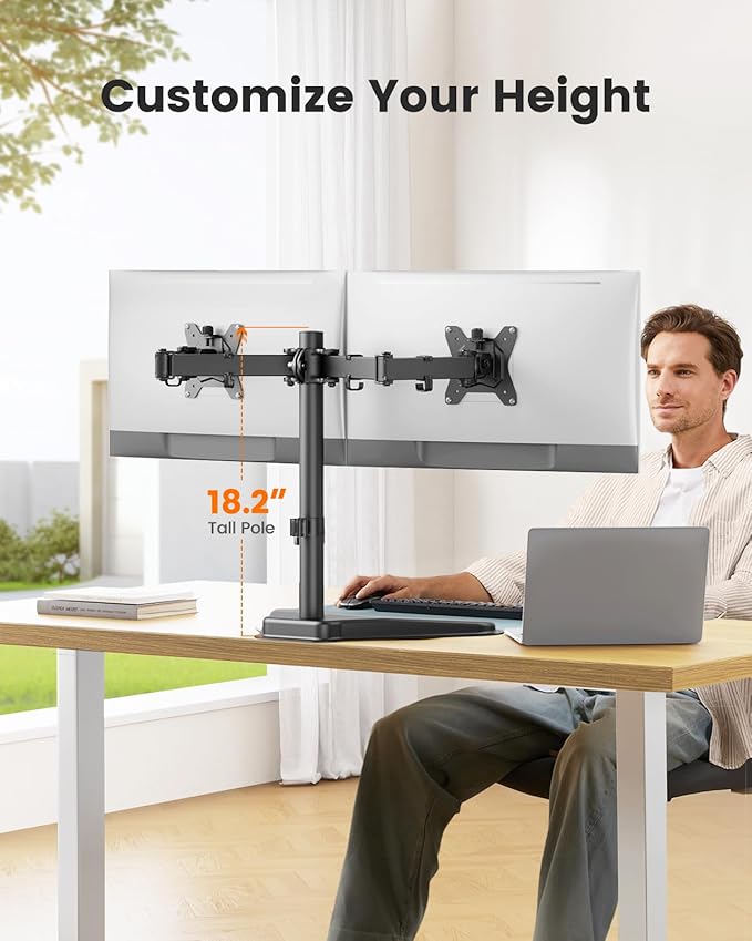 ErGear Freestanding Dual Monitor Stand for 2 Screens up to 32 inch, Heavy Duty Monitor Mount Holds Max 17.6 lbs per Arm, Height Adjustable Gaming Monitor Stand for Desk, VESA 75x75/ 100x100mm, Black