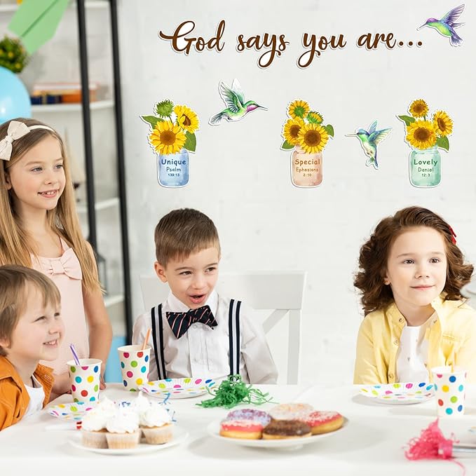 Outus 28 Pcs Sunflower Bulletin Board Set Spring Religious Bulletin Board Decorations Inspired Christian Flower Cutouts Hummingbird God Says You are Wall Art for School Classroom Teacher Kids