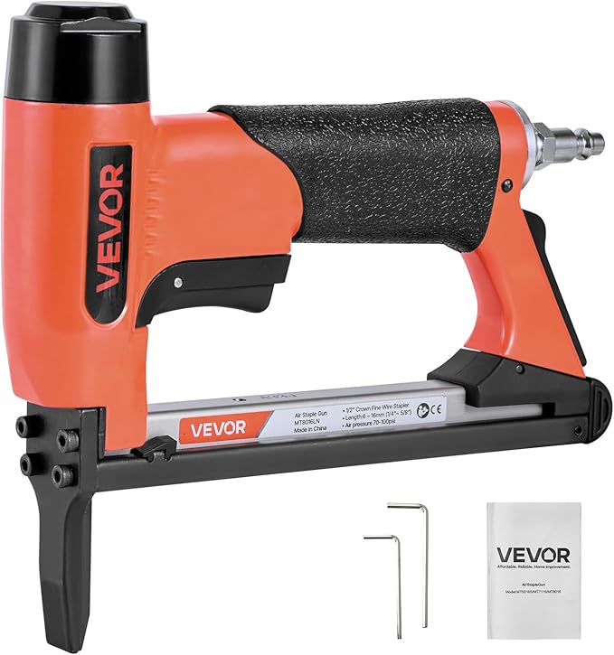 VEVOR Pneumatic Staple Gun, 21 Gauge Long-Nose Upholstery Stapler for 80 Series Fine Wire Staples 1/2-inch Crown 1/4"-5/8" Length, Max 150PCS Loading Air Staple Gun for Upholstering, Woodworking, DIY