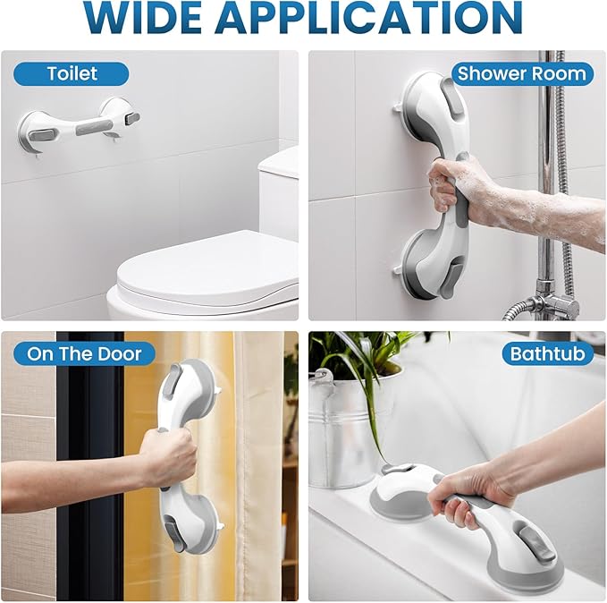 LEVERLOC Grab Bars for Bathtubs and Showers 2 Pack Suction Grab Bar, Heavy Duty 12 Inch Shower Handle Removable Bath Handrails for Seniors and Elderly, Bathroom Safety Grip No Drilling Waterproof Grey