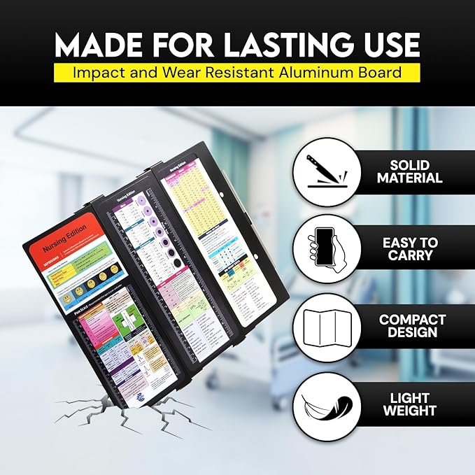 Nursing Clipboard Foldable with Medical Edition Cheat Sheets, 3 Layers Aluminum Foldable Clipboard for Nursing, Notepad for Students, Nursing School Essentials (Black)