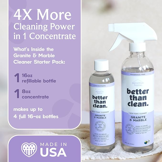 Marble & Granite Cleaner Starter Pack - Plant-Based Natural Stone Cleaner for Countertops, Showers, Floors & More - Suitable for Sensitive Skin, Fragrance Free, Kids & Pet-Friendly