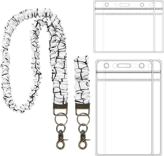 Marspark 2 Set Scrunchie Lanyards with 4 Card Holders for ID Badges and Keys Cute Stretchy Scrunchie Neck and Wrist Lanyards for Teacher Women Nurses School Office Supplies(Black White, Grid)