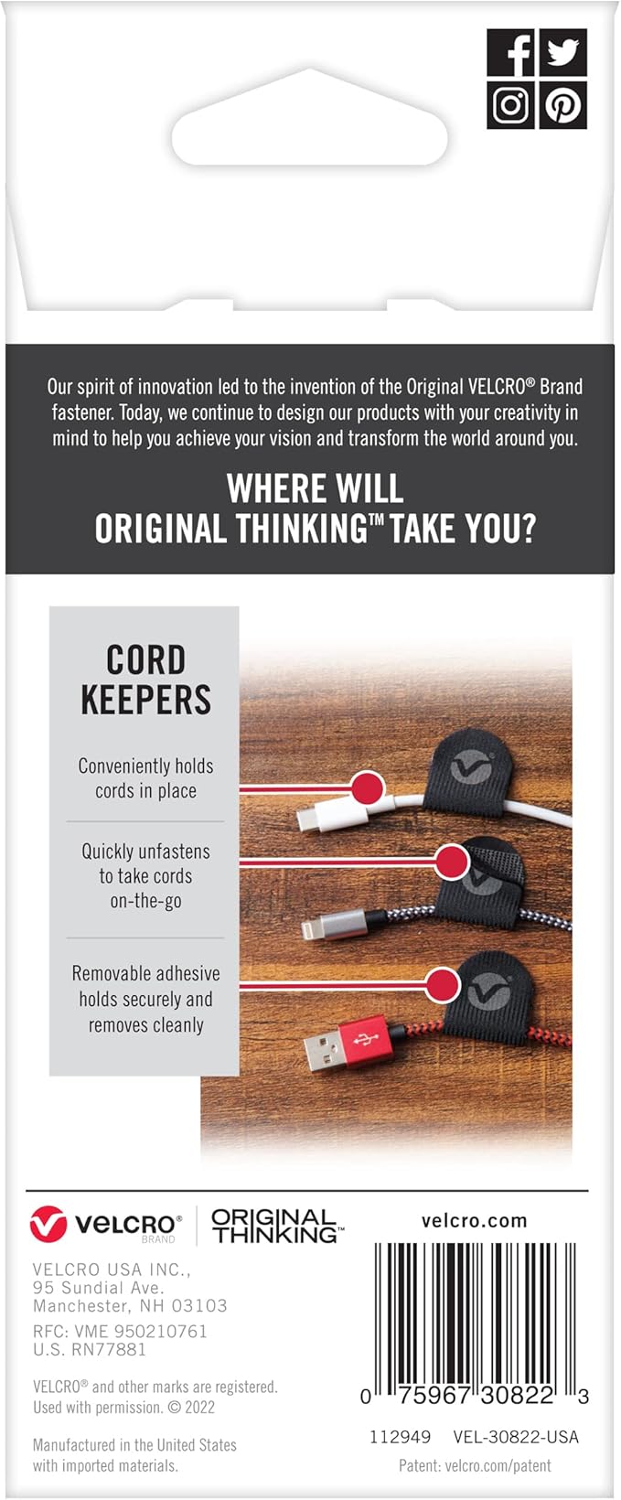VELCRO Brand Cord Keepers | Soft Nylon Cable Clips Organize Wires in Home, Office, Desk or Nightstand | Removable Adhesive Back Holds Secure, Removes Clean | 10pk, Black