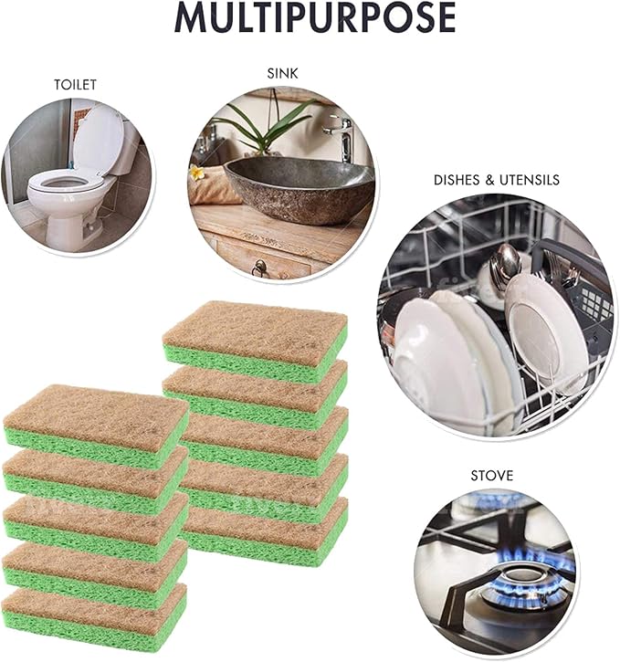 SCRUBIT Natural Sponges - 10 Pack Biodegradable Compostable Cellulose and Coconut Natural Sponges for Dishes, Eco Friendly Non Toxic Kitchen Sponge
