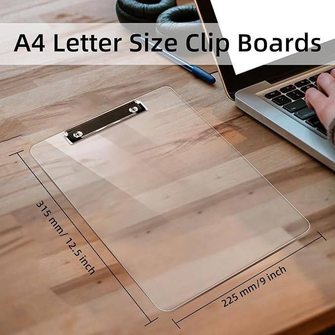 Plastic Clipboards, A4 Acrylic Clear Board 8.5x11 for Classroom, Students, Transparent Letter Size 9" x 12.5" with Low Profile Clip, Office & School Supply