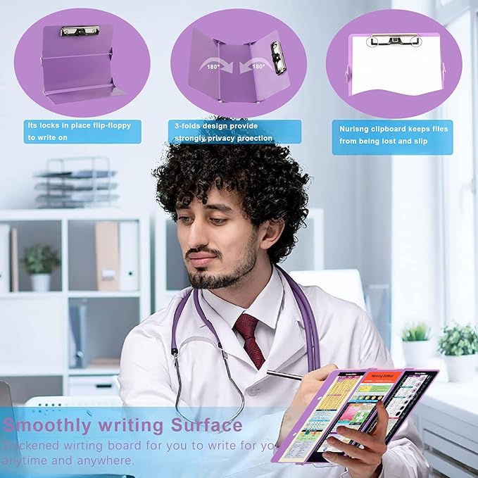 Foldable Nursing Clipboard with Storage - Portable & Compact Medical Clipboard for Nurses, Doctors, and Students - Includes Medical Reference Cheat Sheets and Pen Holder(Purple)