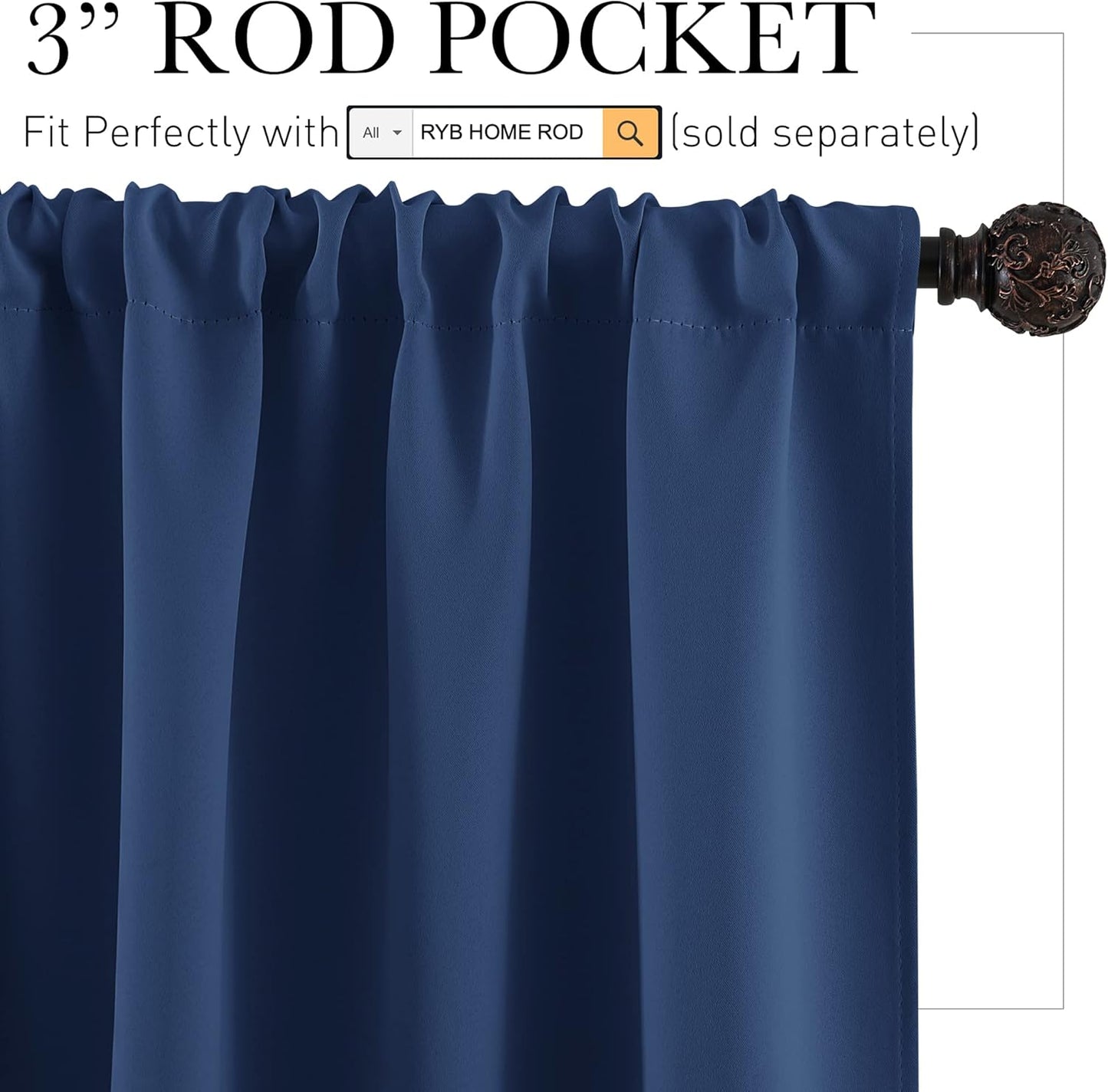 RYB HOME Bathroom Curtains Privacy - Blackout Curtains Small Window Short Drapes for Kitchen Bedroom Living Room Kids Nursery Room RV, W 52 x L 36 inch per Panel, Navy, 2 Pcs