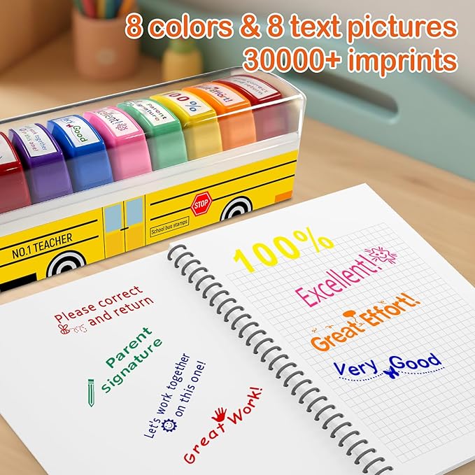 Teacher Stamps for Grading Classroom, Easter Basket Stuffers New Teacher Appreciation Gifts, Self-Inking Motivation Great Job Parent Signature Stamp for Homework Must Haves, Teacher Supplies (8 pcs)