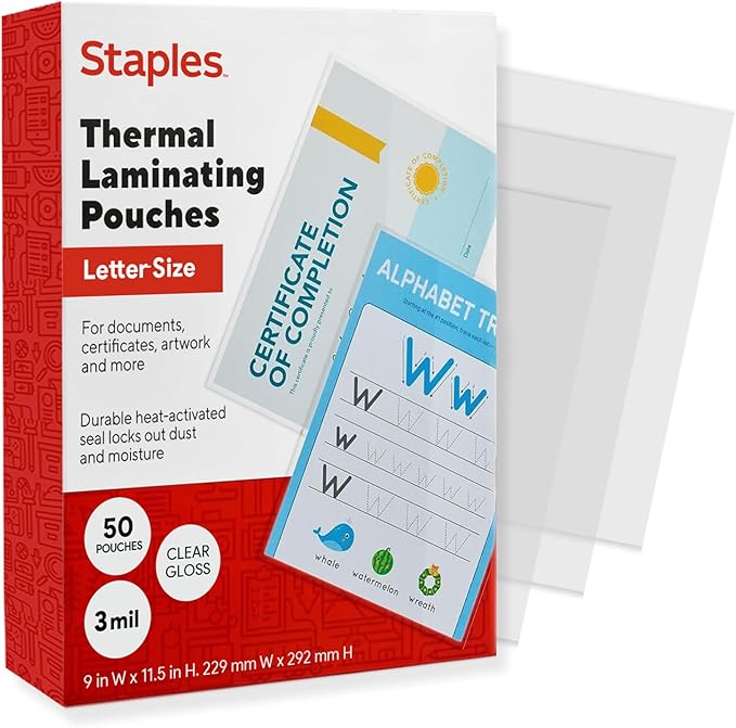 Staples Letter Size Thermal Laminating Pouches, 3 mil, 50 Pack
