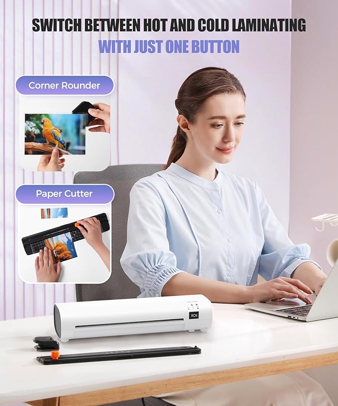 A4 Thermal Laminator with Trimmer & Corner Rounder, 9 Inch Portable Laminator Machine for Home, Office, School, Business, Anti-Jam Tech & 40 Sheets Included