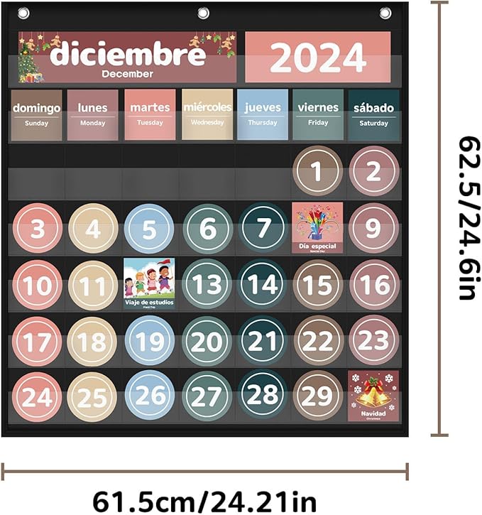 Monthly Calendar Pocket Chart for Classroom, Printed Days of The Week with Cards, Learning for Home or Kindergarten, Teacher Must Have Supplies That Fits Any School Décor (Spanish Black)