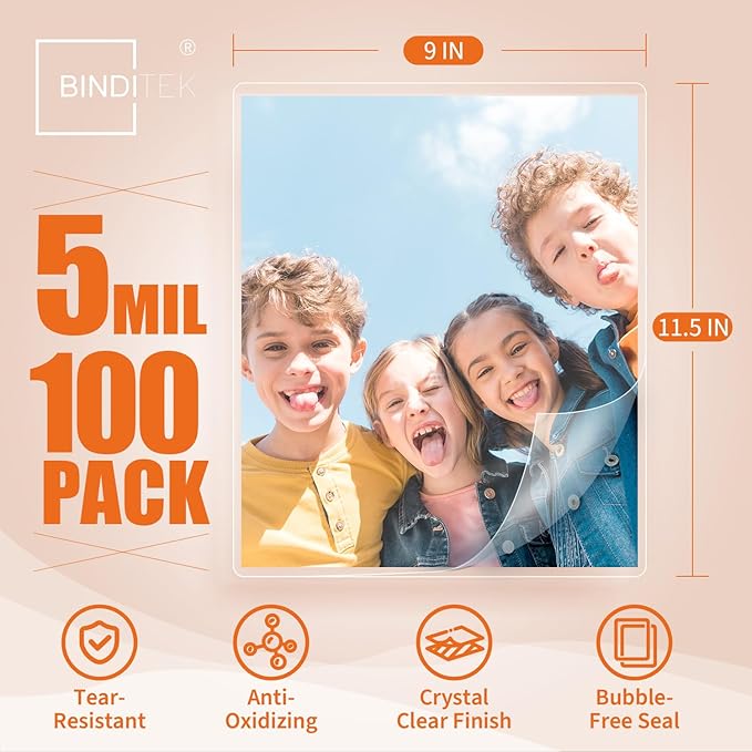 Binditek Laminating Sheets 5 Mil, Universal Fit for All Thermal Laminators, 100 Pack Thermal Laminating Pouches, Letter Size 8.5 x 11 in, Clear Glossy