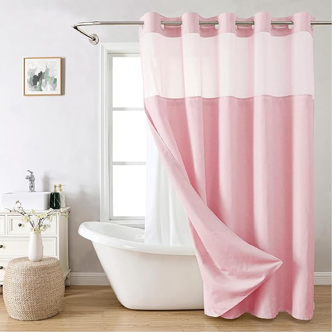 Extra Long No Hooks Needed Linen Textured Shower Curtain with Snap-in Fabric Liner Set,White Hotel Luxury Decor Shower Curtains for Bathroom,Waterproof & Washable,71Wx86H,Pink