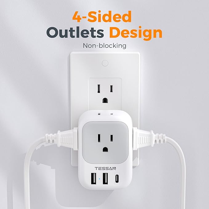 USB Wall Charger, Wall Plug Adapter Outlet Extender, TESSAN 3 Charger Block (1 USB C Port), Multi Charging Station for Cruise, Bathroom, Office, Dorm Essentials