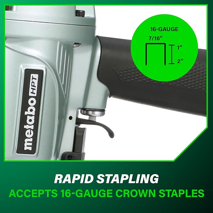 Metabo HPT 7/16" Standard Crown Stapler, Pro-Preferred Pneumatic Power Nailers, Construction Tool for Roof Decking & Subfloor Install, 16 Gauge Power Stapler, 1" to 2" Crown Staples, N5008AC2