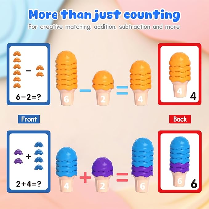 NEOROD Ice Cream Counting Toys for Toddlers 3-5 – Montessori Preschool Learning Set with 42 Scoops & 6 Cones | Color Sorting & Fine Motor Skills Stacker | Educational Math Game & Sensory Toys for Kids
