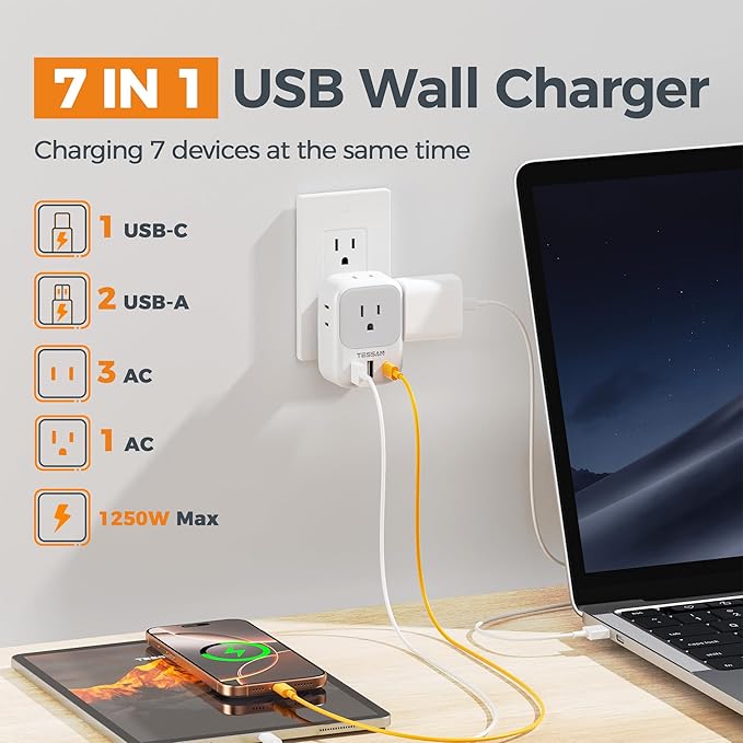 USB Wall Charger, Wall Plug Adapter Outlet Extender, TESSAN 3 Charger Block (1 USB C Port), Multi Charging Station for Cruise, Bathroom, Office, Dorm Essentials