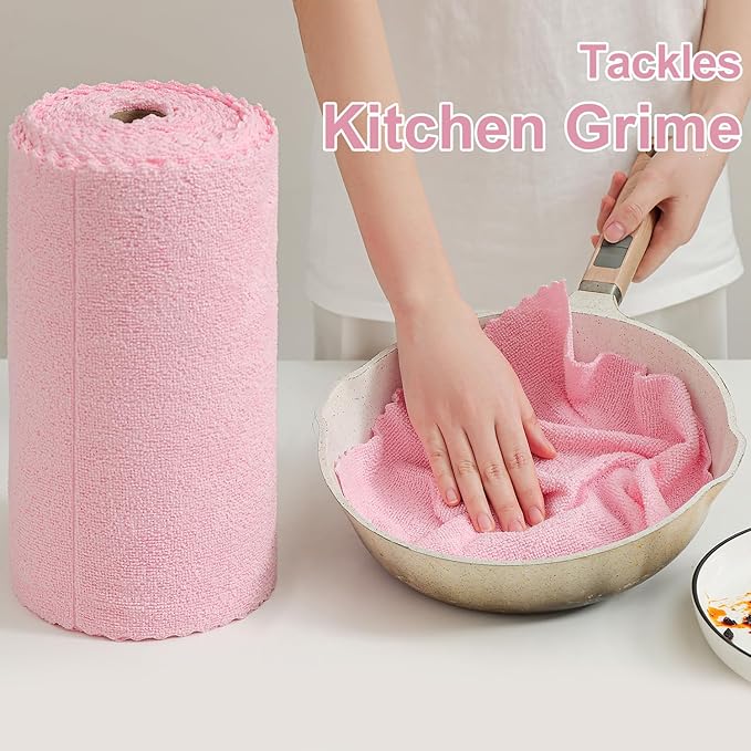 Jessy Home 80 Pack Microfiber Cleaning Cloth Roll Pink Reusable Paper Towels 12"x12" Tear Away Cloth,Microfiber Towels for Cars,Wash Cloths,Lint Free Rags for House,Kitchen,Window,Cleaning Supplies
