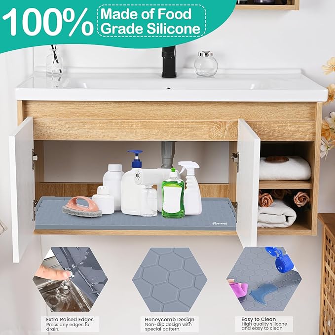 Waterproof Under Sink Mat 34" x 19", Silicone Cabinet Liner, Rubber Protector for Kitchen and Bathroom, Keeps Cabinets Clean, Dry, and Organized (Grey)