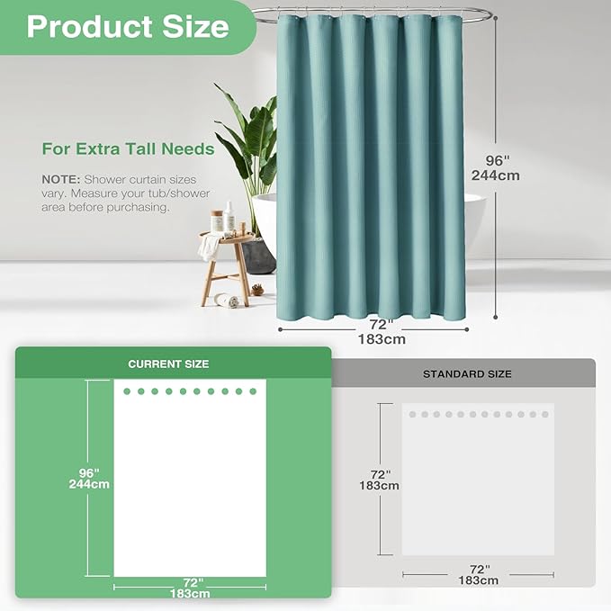 Dynamene Extra Long Shower Curtain,96 Inch Long Waffle Weave Heavy Duty Thick Fabric Bathroom Shower Curtain, Neutral Weighted Hotel Bath Curtain Set with 12 Plastic Hooks,72x96,Teal