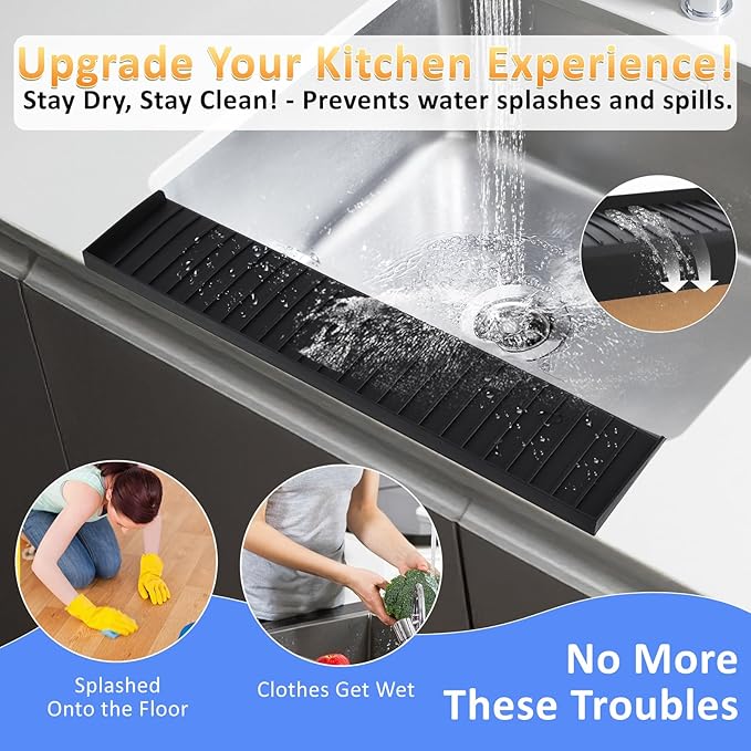 Sink Edge Protector with Suction Cup 4"x24", Silicone Sink Splash Guard for Kitchen & Bathroom, Protect Countertop from Scratches, Stains, for Stainless Steel Granite Quartz-Black